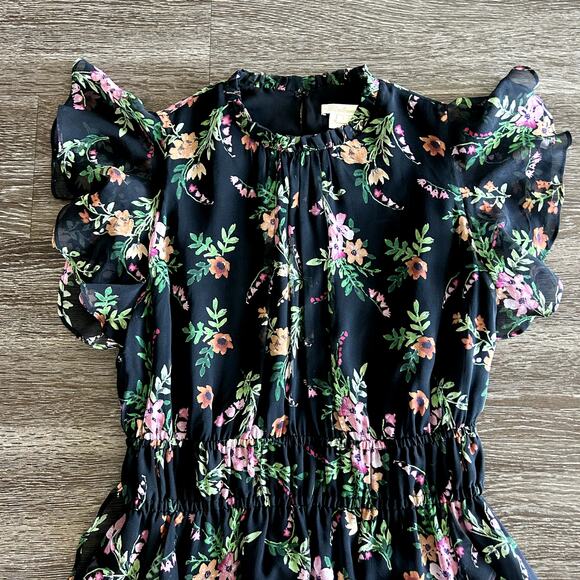 Shoshanna Amora 100% Silk Chiffon Dress Black Floral Ruffle Size 4 Fit & Flare - Picture 11 of 16